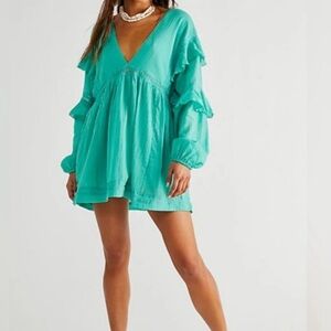 Free People Seashell Skort Romper Lace Long Sleeve V Neck Ruffle Boho Dress